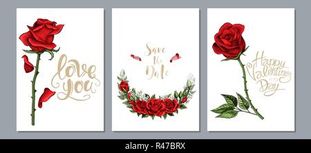Nozze invitare floreali, scheda invtation design. Scarlet red rose fiori impostato Illustrazione Vettoriale