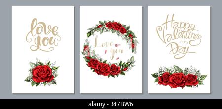 Nozze invitare floreali, scheda invtation design. Scarlet red rose fiori impostato Illustrazione Vettoriale