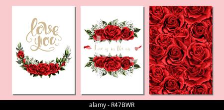 Nozze invitare floreali, scheda invtation design. Scarlet red rose fiori impostato Illustrazione Vettoriale