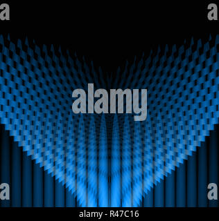 Abstract futuristico sfondo geometrico, la perfetta compensazione curvo con elementi acuminati in azzurro e blu di toni di grigio su nero, con copyspace Foto Stock