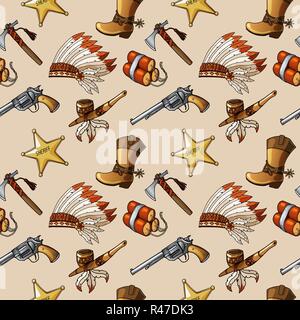 Modello senza cuciture con disegnati a mano di colore Wild West elementi. Illustrazione Vettoriale