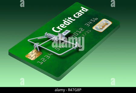 Una carta di credito che assomiglia a un mousetrap è visto qui per illustrare il concetto di trappole di credito, bad offerte su carte di credito che ti tengono il pagamento. Foto Stock