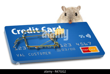 Una carta di credito che assomiglia a un mousetrap è visto qui per illustrare il concetto di trappole di credito, bad offerte su carte di credito che ti tengono il pagamento. Foto Stock