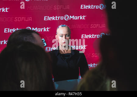 Vilnius, Lituania - 19 dicembre 2017: Sophia robot umanoide che parla alla folla di persone al centro Elektromarkt, supermercato Panorama. Foto Stock