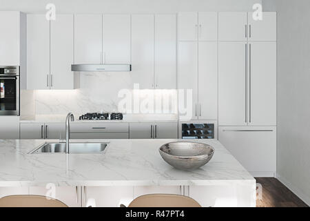 Vuoto bianco pulito cucina con isola e barstools 3D render close up Foto Stock