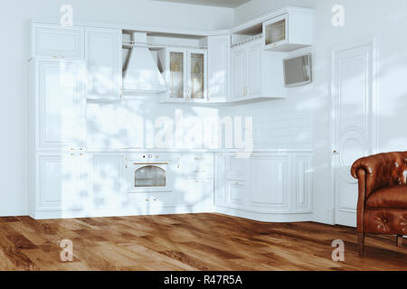 Cucina bianca con interni in pelle poltrone vintage e pavimenti in legno duro nella nuova casa di lusso 3D render Foto Stock