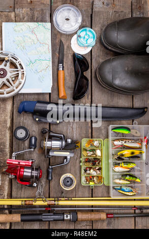 La pesca affronta per viaggio su tavole di legno Foto Stock