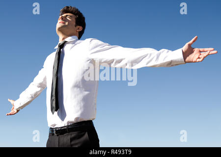 Happy business di successo uomo sollevato bracci con sky in background Foto Stock