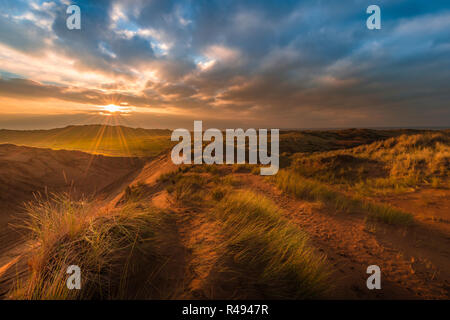 Dopo un nuvoloso ma mite giorno sulla costa del North Devon, il sole tramonta su Estese dune di Braunton Burrows. Foto Stock