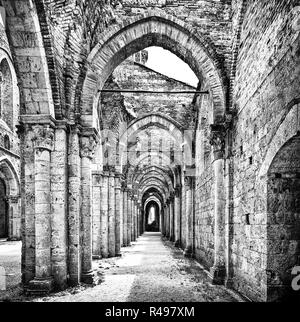 Tra le rovine storiche di abbazia abbandonata in bianco e nero Foto Stock