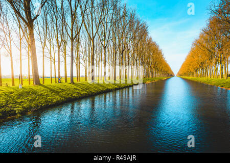 Bellissima vista del famoso Damme Canal, noto anche come Damse vaart o Napoleonvaart, vicino alla città di Brugge in bella luce della sera al tramonto Foto Stock