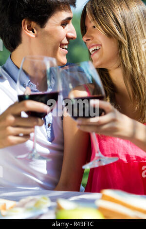 Coppia attraente bere vino sulla romantic picnic in campagna. Foto Stock