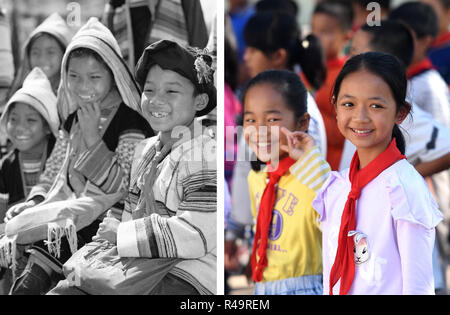 (181126) -- KUNMING, nov. 26, 2018 (Xinhua) -- Questa combinazione mostra fotografica di Jino studenti della scuola primaria nel 1984 (a sinistra, file foto); e gli studenti presso l'Etnia scuola primaria in Jino Township etniche sulla montagna Jino, nov. 20, 2018 (destra, foto di Lin Yiguang). Con una popolazione di poco più di 20.000, il popolo Jino aveva solo stato ufficialmente riconosciuto nel 1979 come un autonomo gruppo etnico della Cina. Fino al 1949, la maggior parte di essi aveva vissuto per generazioni nella primitiva tribù di montagna nel sud-ovest della Cina di Provincia di Yunnan. Oltre quattro decenni poiché esso abbracciato la riforma e apertura Foto Stock