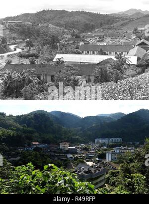 (181126) -- KUNMING, nov. 26, 2018 (Xinhua) -- Questa combinazione foto mostra un angolo di montagna Jino nel 1979 (sopra, file foto); e il governo locale e i suoi dintorni in Jino Township etniche sulla montagna Jino su nov. 4, 2015. (Di seguito, foto di Lin Yiguang). Con una popolazione di poco più di 20.000, il popolo Jino aveva solo stato ufficialmente riconosciuto nel 1979 come un autonomo gruppo etnico della Cina. Fino al 1949, la maggior parte di essi aveva vissuto per generazioni nella primitiva tribù di montagna nel sud-ovest della Cina di Provincia di Yunnan. Oltre quattro decenni poiché esso abbracciato la riforma e apertura Foto Stock