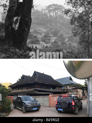 (181126) -- KUNMING, nov. 26, 2018 (Xinhua) -- Questa combinazione mostra fotografica di Jino cottages di paglia sulla montagna Jino nel 1983 (sopra, file foto); e nuove residenze nonché di veicoli a motore nel villaggio Bapiao di etnia Jino Township sulla montagna Jino, nov. 20, 2018 (qui di seguito, foto di Lin Yiguang). Con una popolazione di poco più di 20.000, il popolo Jino aveva solo stato ufficialmente riconosciuto nel 1979 come un autonomo gruppo etnico della Cina. Fino al 1949, la maggior parte di essi aveva vissuto per generazioni nella primitiva tribù di montagna nel sud-ovest della Cina di Provincia di Yunnan. Oltre quattro decenni poiché Foto Stock