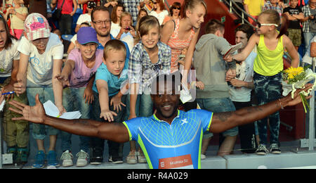 Ostrava, Repubblica Ceca. 17 Giugno, 2014. Justin Gatlin DA STATI UNITI D'AMERICA può competere e vincere in 100 Metri Uomini al Golden Spike (Zlata Tretra) meeting di atletica IAAF a Ostrava, Repubblica ceca, 17 giugno 2014. Credito: Slavek Ruta/ZUMA filo/Alamy Live News Foto Stock