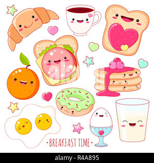Il momento della colazione. Set di carino icone di cibo in stile kawaii con volto sorridente e guance rosa per il dolce design. EPS8 Foto Stock