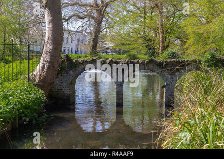 MORDEN, LONDRA, INGHILTERRA - 19 Aprile 2018: Fiume Wandle fluente attraverso il National Trust motivi di Morden Hall Park Foto Stock