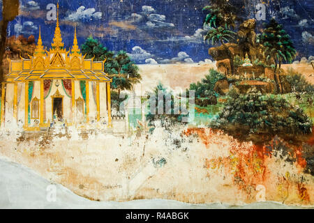 Reamker (la versione Khmer del Ramayana Poema epico) affresco nel Palazzo Reale chiostri. Il Palazzo Reale di Phnom Penh, Cambogia Foto Stock