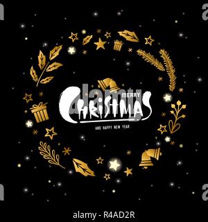 Disegnata a mano di natale ghirlanda dorata con scritte su sfondo nero. Auguri di Buon Natale. Buon Natale e Felice Anno Nuovo Illustrazione Vettoriale