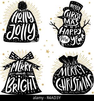 Set di disegnato a mano oggetti di Natale con scritte. Citazioni di Natale sfondo su stile grange Illustrazione Vettoriale