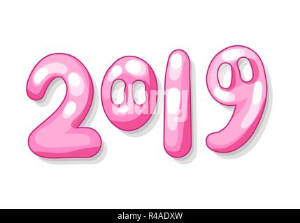 Isolato 2019 Numeri con cute muso di maiale di colore rosa per la felice anno nuovo lettering. Utilizzare per il regalo di Natale Design Illustrazione Vettoriale