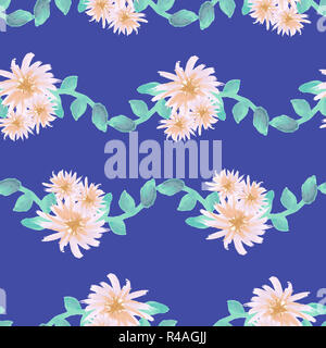 Acquerello aster ghirlanda di fiori rosa chiaro gold teal su blu modello senza giunture Foto Stock
