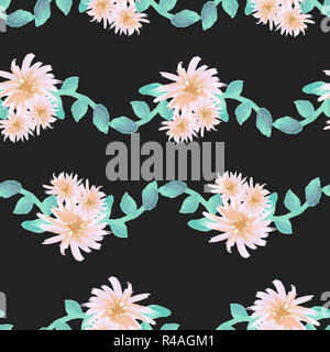Acquerello aster ghirlanda di fiori rosa chiaro gold teal su nero modello senza giunture Foto Stock