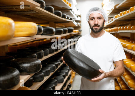 Lavoratore azienda formaggio ruote coperte con cera nera al di storage con ripiani pieni di formaggi durante il processo di invecchiamento Foto Stock