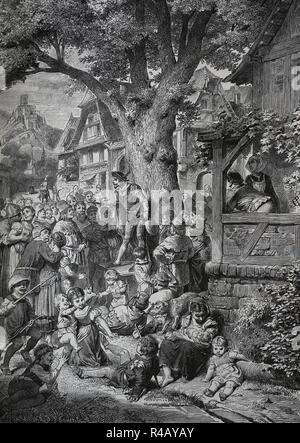 Menestrello agendo durante una festa in piazza di un adea. L'Europa. Medioevo. Incisione di germanio, 1882. Foto Stock