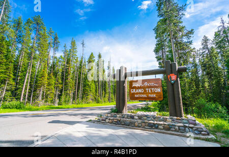 Il parco nazionale del Grand Teton segno nella zona di ingresso. Foto Stock