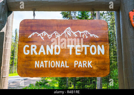 Il parco nazionale del Grand Teton segno nella zona di ingresso. Foto Stock