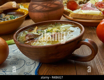 Zelnacka, Bohemian zuppa di cavolo, cucina ceca e tradizionali piatti assortiti, vista dall'alto. Foto Stock