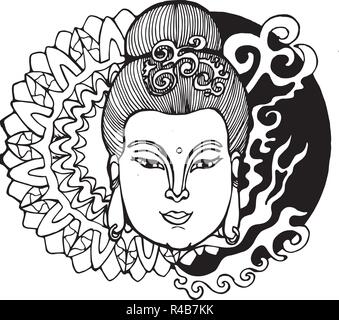 Schema bianco e nero di Kuan Yin. Donna asiatica e modelli. Idea Tattoo Illustrazione Vettoriale