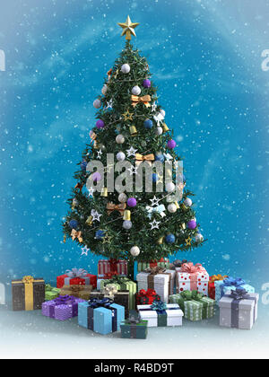 3D rendering di un albero di Natale decorato con un sacco di regali sotto di esso. Blue sfondo colorato e neve nell'aria. Foto Stock
