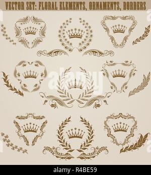 Set di golden monogrammi con elementi floreali per pagina, web design. Filigrana royal scudi, vecchi telai, bordi in stile vintage per etichetta, emblema, cattivo Illustrazione Vettoriale