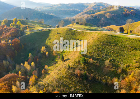 Antenna fuco colpo su paesaggio autunnale Transilvania, Romania Foto Stock