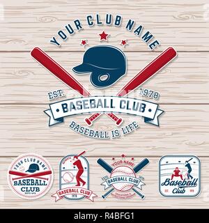 Set di baseball o softball club badge. Vettore. Concetto per una camicia o un logo, Stampa, Timbro, patch o il raccordo a t. Vintage design tipografia con mazze da baseball, impasto di colpire la sfera e la sfera per silhouette di baseball. Illustrazione Vettoriale