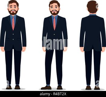 Uomo vestito in un elegante business suit, stando in piedi in pose diverse illustrazione vettoriale su sfondo bianco Illustrazione Vettoriale