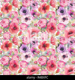 Acquerello seamless pattern con fiori, anemoni, papaveri, Rose e farfalle. Romantico sfondo botanico. Foto Stock