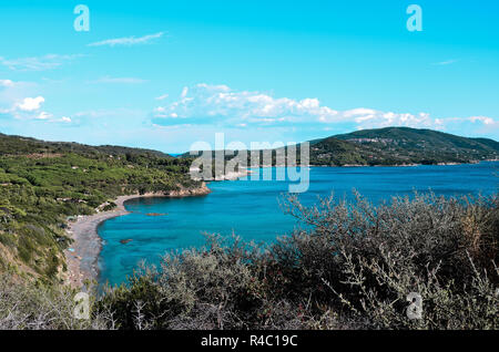 Vista della spiaggia di Norsi e Golfo Stella, Isola d'Elba, Toscana, Italia Foto Stock