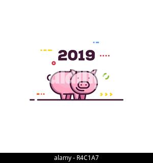 Lo stile di linea nuovo anno suino. 2019 anno cinese del maiale. Felice rosa piggy sorridente. Elementi astratti e linee. Illustrazione Vettoriale