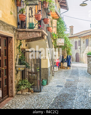 Strada stretta nel piccolo borgo medievale di Malcesine. Si tratta di uno dei più caratteristici paesi del lago di Garda in provincia di Verona, Italia Foto Stock