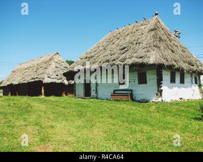 Vecchia architettura tradizionale rumena casa fatta da adobe e tetto coperto con lamella Foto Stock