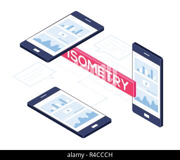 Isometrica telefoni mobili - moderno vettore illustrazione colorata Illustrazione Vettoriale