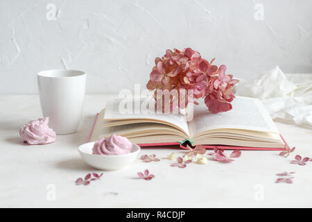 Ancora vita scena con un libro, fiori secchi, tazza di caffè e marshmallows Foto Stock