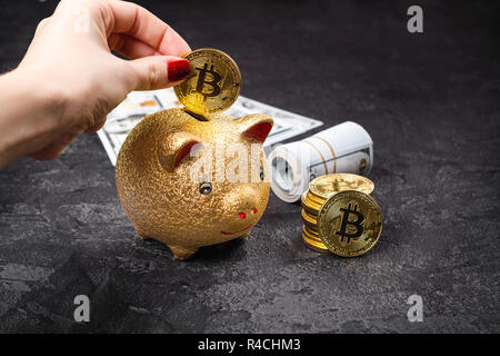 Bitcoins, valuta e piggie bank Foto Stock