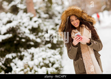 Ritratto di sorridente ragazza con un telefono cellulare in inverno all'aperto Foto Stock