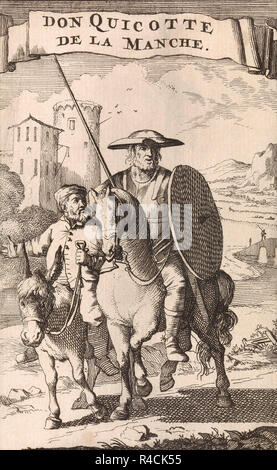 Titolo pagina di un 1696 edizione francese di Don Quijote de la Mancha di Miguel de Cervantes che mostra Don Chisciotte a cavallo seguita dal suo servitore Sancho Panza cavalcando un asino. Foto Stock