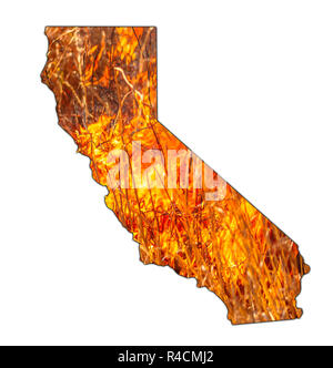 Incendi in California nel 2018. Mappa California sul fuoco isolati su sfondo bianco. Il fuoco che colpisce la California è considerato il più devastante Foto Stock